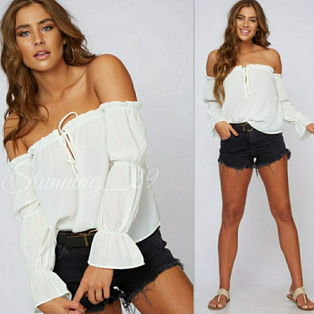 🆕 WHITE OFF SHOULDER LONG BELL SLEEVE RUFFLE TOP - Picture 6 of 6
